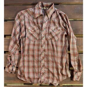 Vintage 70s Western Pearl Snap Shirt Plaid Rust Orange Extra Long Tail Mens